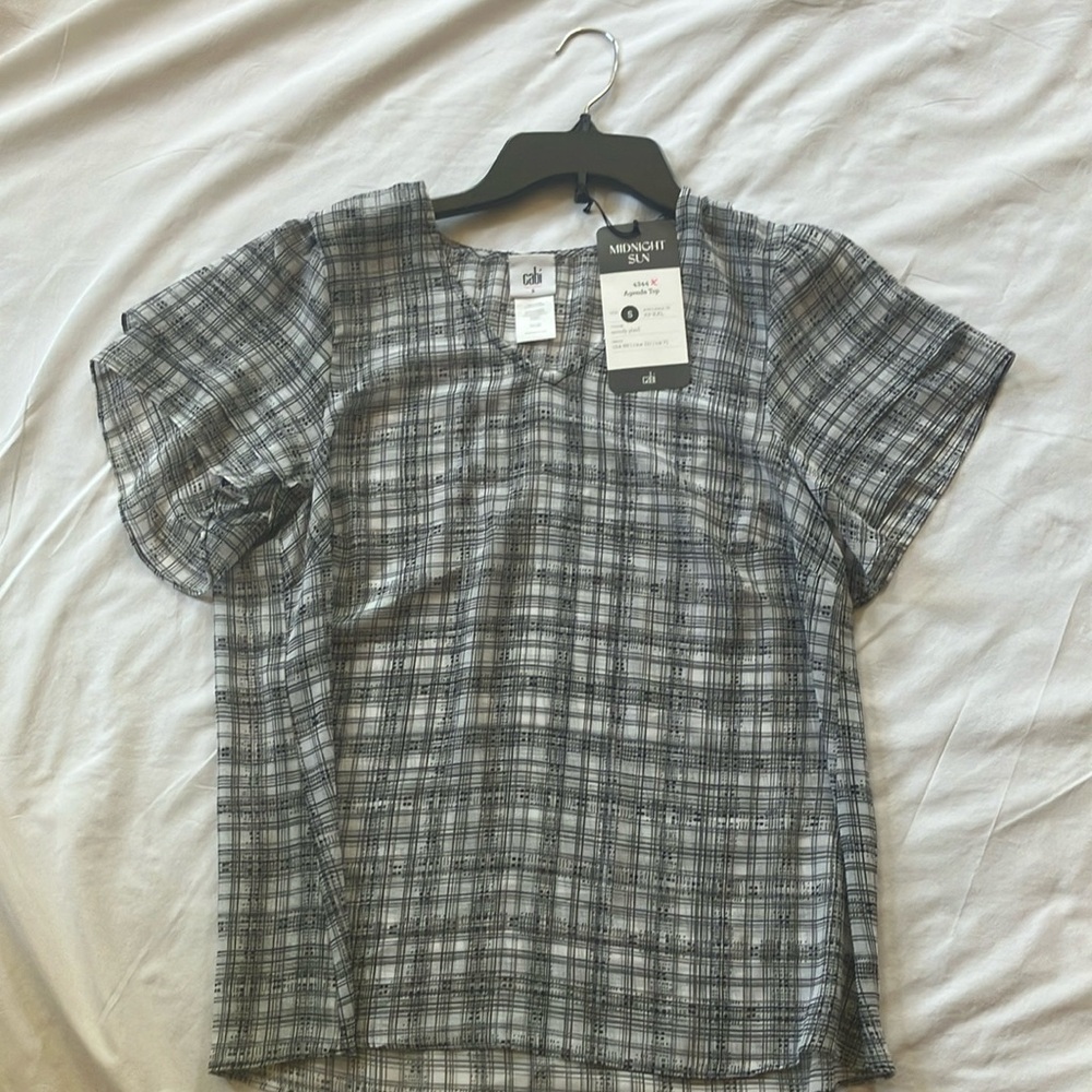 Cabi Agenda Top - Size Small - Gray Plaid Short Sleeve Blouse - #4344